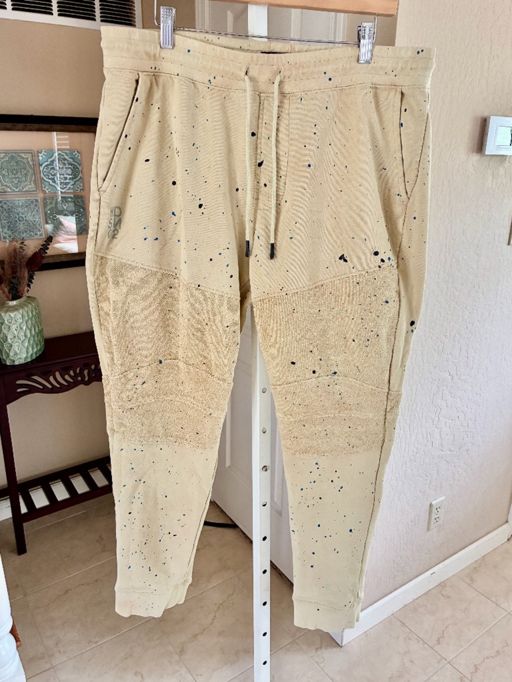 Hudson Men's Beige Moto Sweatpants Pants Paint Splatter Design Size XL